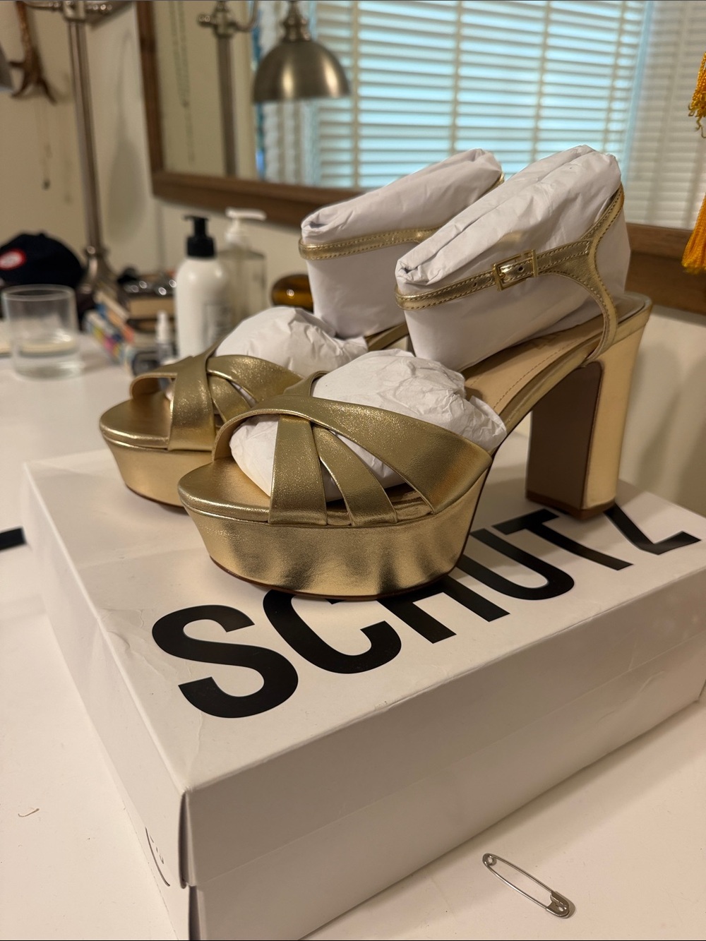 SCHUTZ Gold Platform Block Heel Sandals